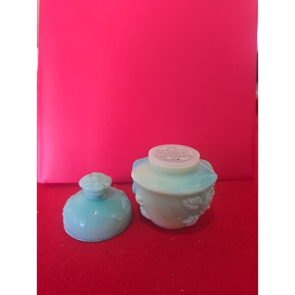 Collectible, Avon blue/ milk glass, bath set, dish/pitcher/ powder container - Picture 2 of 3